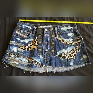 Diesel Industry Blue Jeans Mini Skirt 34 Animal Print Leopard Buttons Zipper